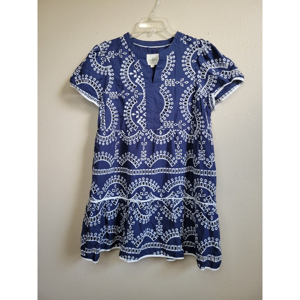 Umgee Navy Blue Eyelet Embroidered Tiered Babydoll Tunic Dress Womens M